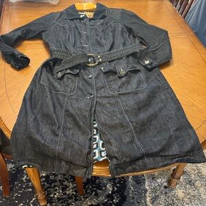 Dark Denim Trench Coat Fitted Button Up Jacket w/ Pockets Patterned Lining 2X